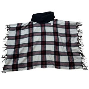 NWT Talbots Cowlneck Plaid Poncho Cape Women's M/L Cream Wool Blend Fringe